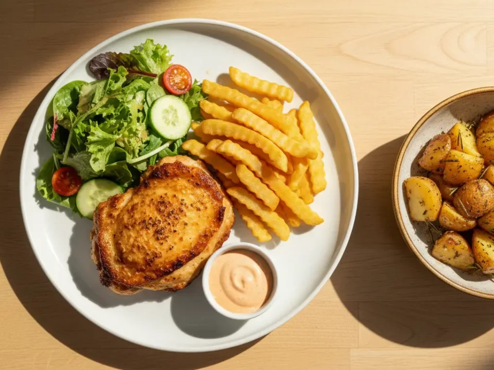 Gebratenes Hähnchen mit Pommes, Salat und Bratkartoffeln