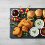 Snackplatte mit Mini-Burgern, Hähnchen, Kroketten und Dips