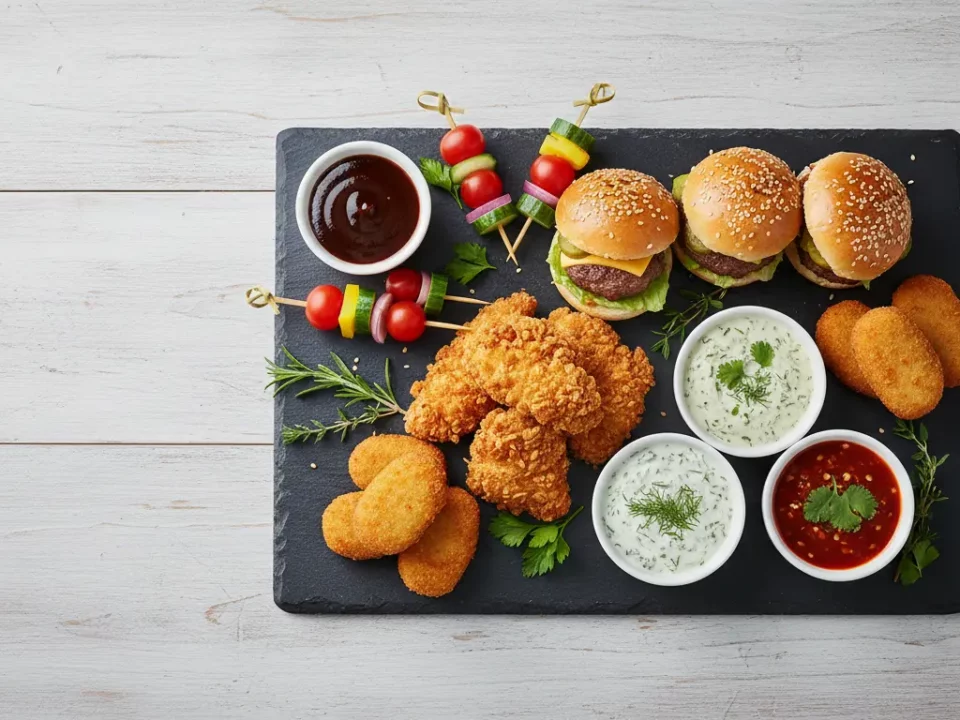 Snackplatte mit Mini-Burgern, Hähnchen, Kroketten und Dips