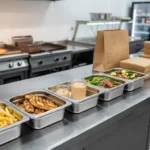 Metallbehälter mit Pommes, Hähnchen, Soßen und Salat auf Edelstahl-Theke.