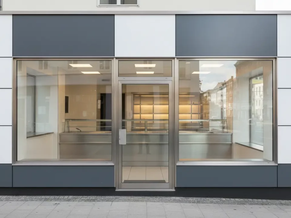 Moderne Ladenfront mit großen Glasfenstern und zentraler Tür.
