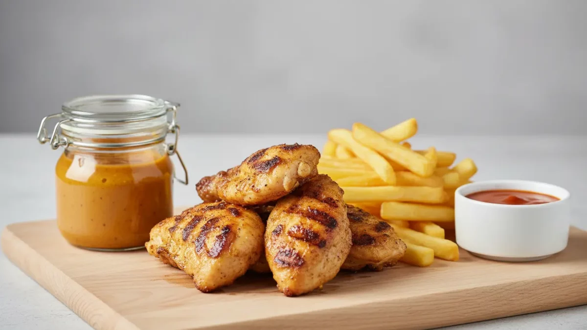 Gegrillte Hähnchenflügel mit Pommes und Dip.