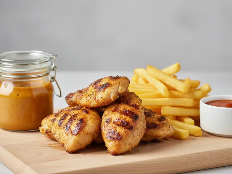 Gegrillte Hähnchenflügel mit Pommes und Dip.