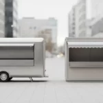 Silberner Wohnwagen neben Verkaufsstand in der Stadt.