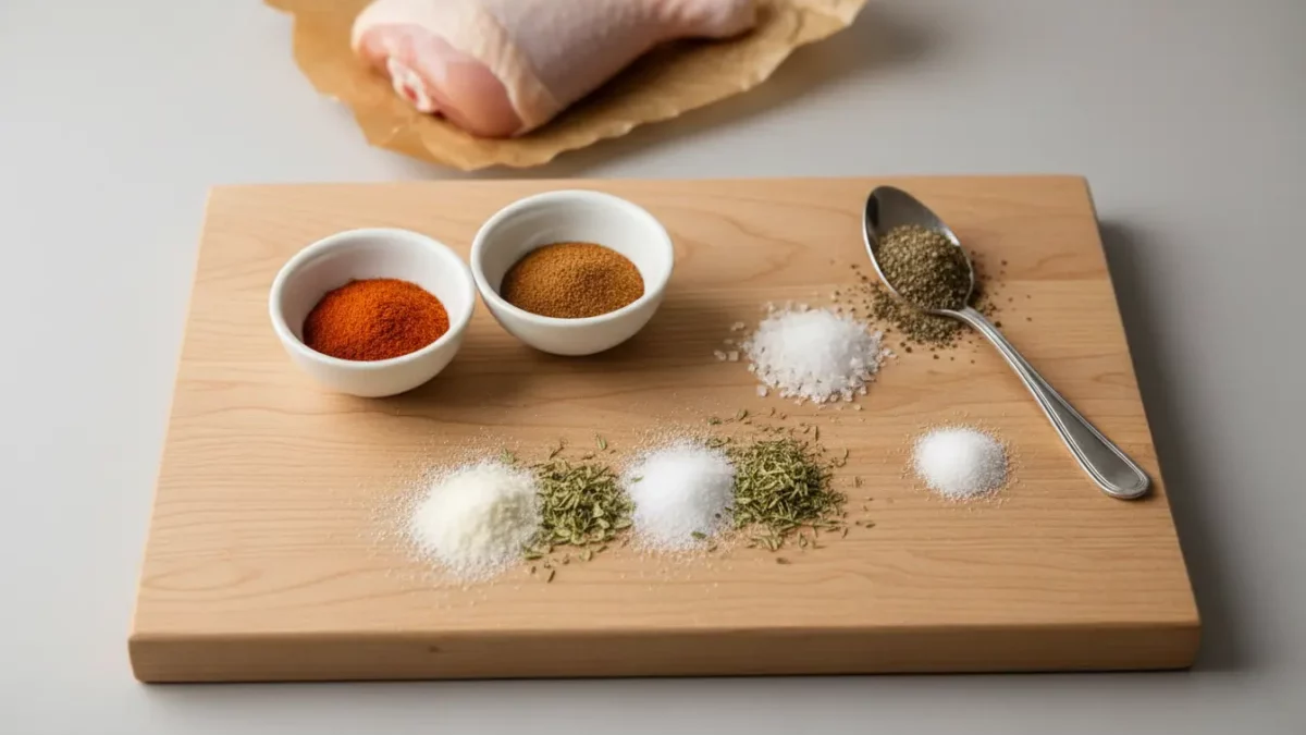 Rohes Hähnchen auf Schneidebrett mit Gewürzen.