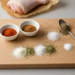Rohes Hähnchen auf Schneidebrett mit Gewürzen.