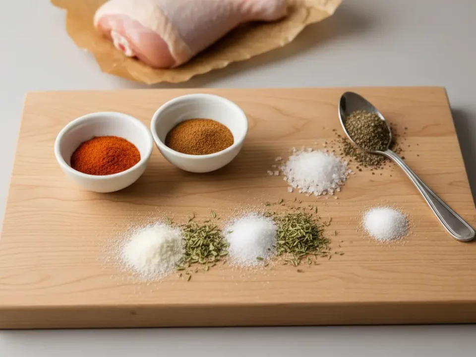 Rohes Hähnchen auf Schneidebrett mit Gewürzen.