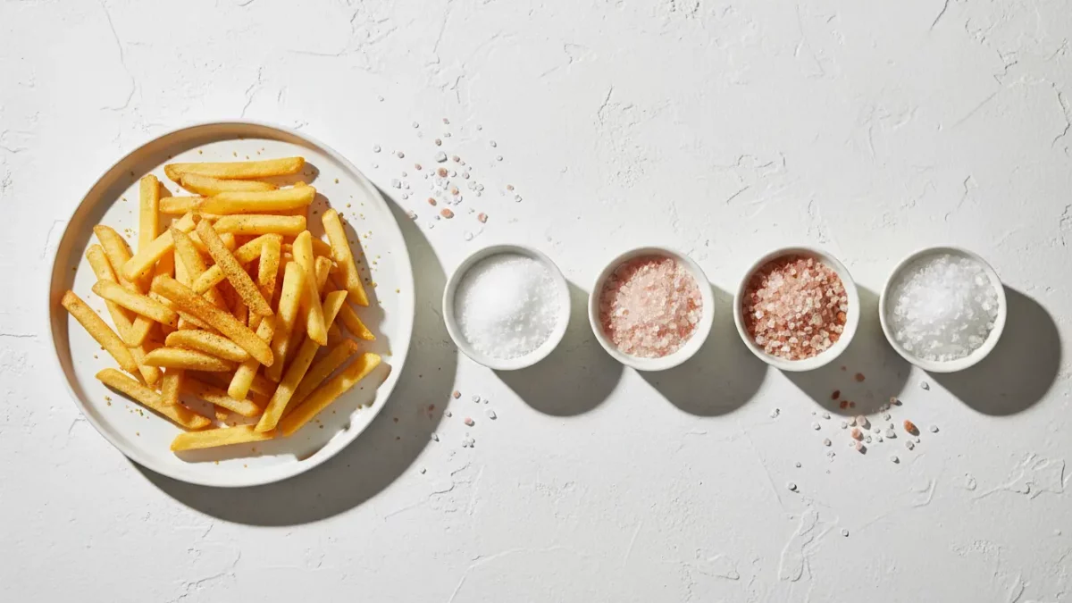 Pommes Frites auf Teller neben Salzsorten.
