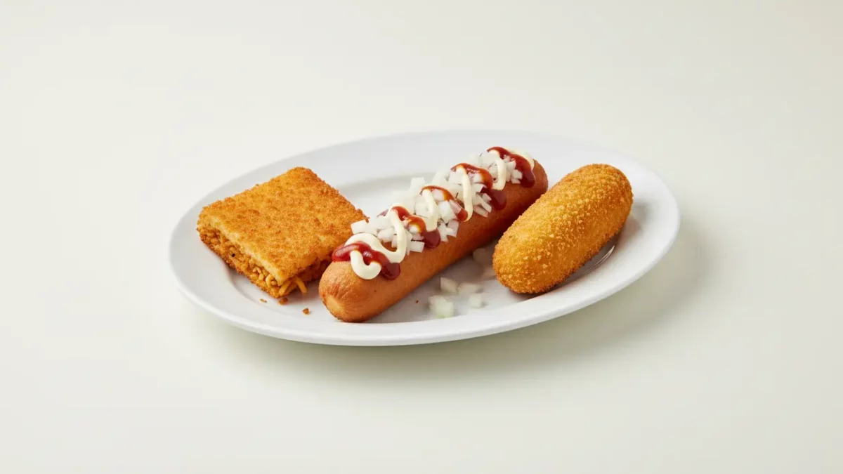 Drei frittierte Snacks auf weißem Teller.