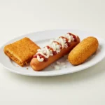 Drei frittierte Snacks auf weißem Teller.