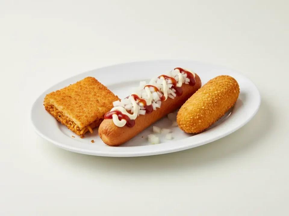 Drei frittierte Snacks auf weißem Teller.
