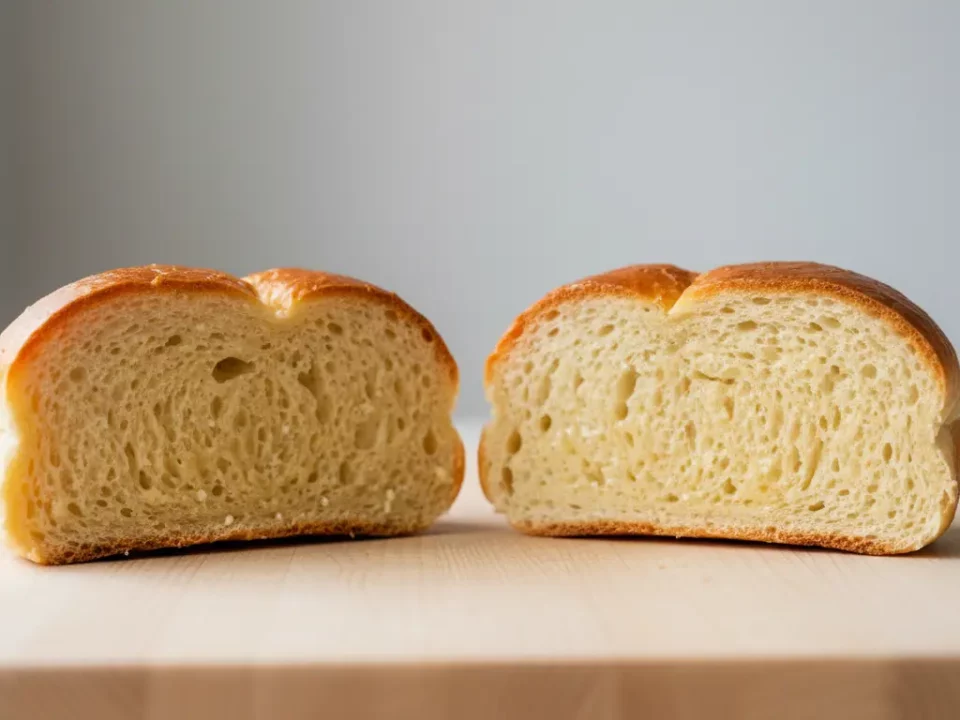Aufgeschnittenes Brot liegt nebeneinander auf Holzbrett.