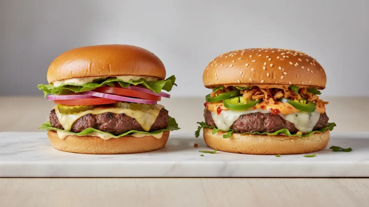 Zwei Hamburger auf Marmorteller mit Belag.