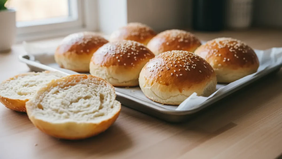 Frisch gebackene Sesambrötchen auf dem Backblech