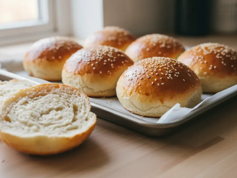 Frisch gebackene Sesambrötchen auf dem Backblech