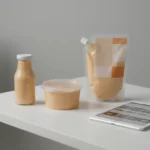 Saucenflaschen, Becher und Beutel auf weißem Tisch, Tablet sichtbar