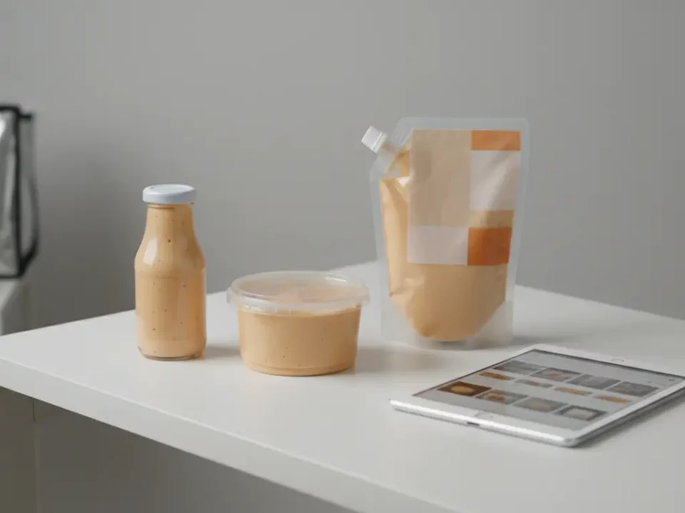 Saucenflaschen, Becher und Beutel auf weißem Tisch, Tablet sichtbar