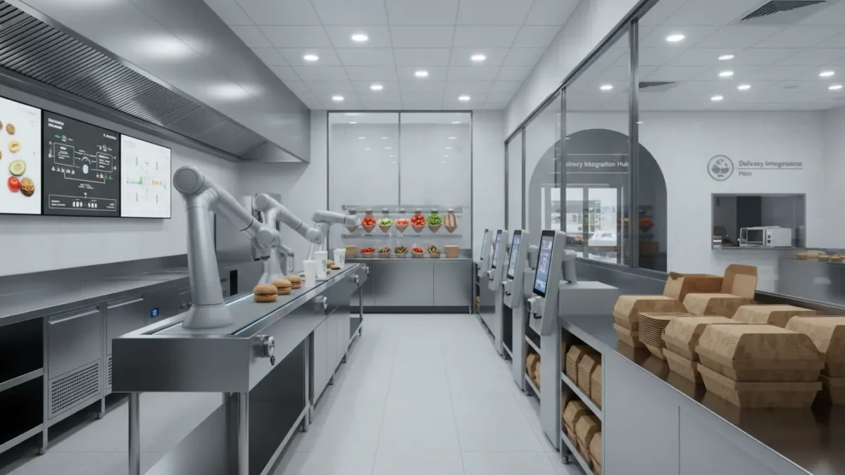 Kantine mit Roboterarmen, Brötchen und Bestellterminals.