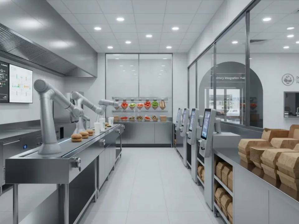 Kantine mit Roboterarmen, Brötchen und Bestellterminals.