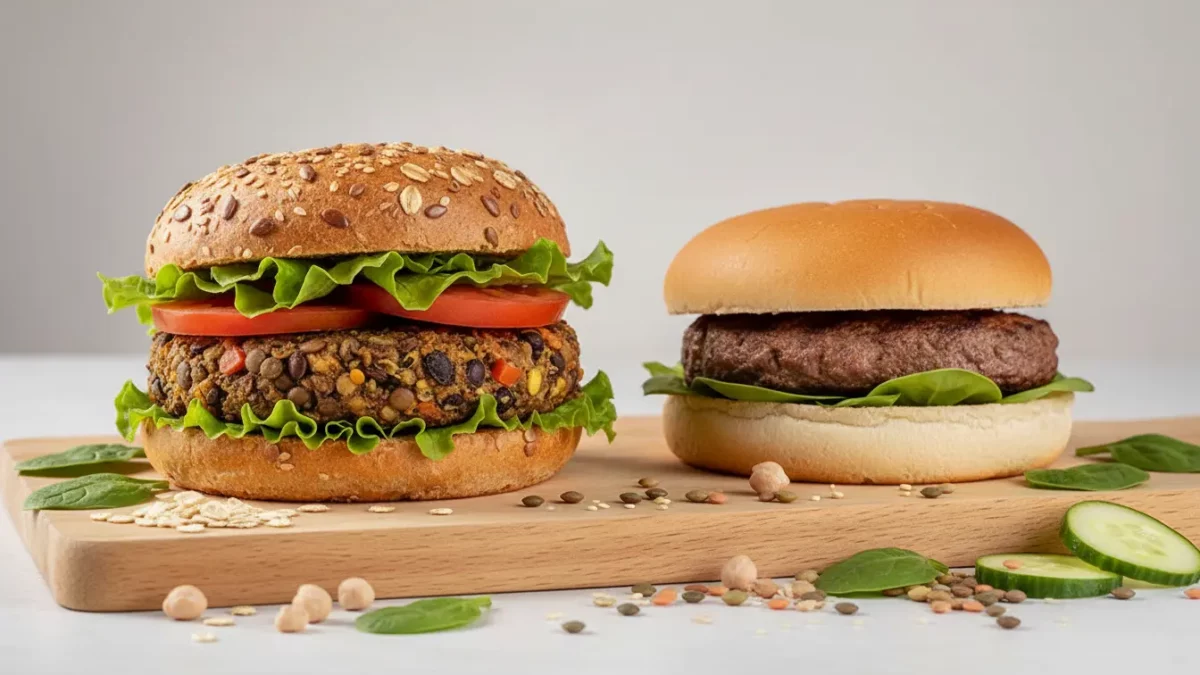 Zwei Burger mit Gemüse auf Holzbrett.