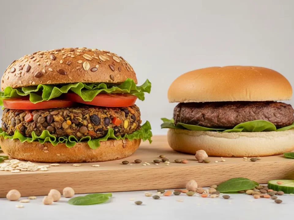 Zwei Burger mit Gemüse auf Holzbrett.