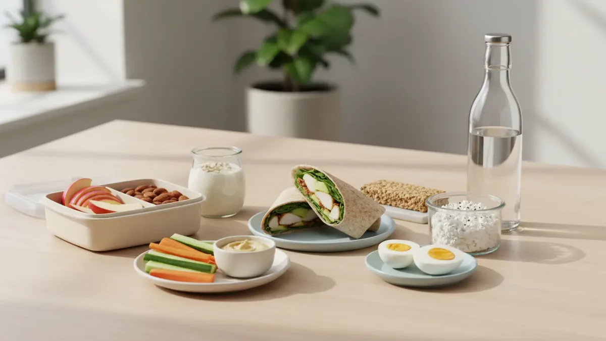 Frühstückstisch mit Wrap, Gemüse-Sticks, Käse, Eier, Wasser.