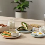 Frühstückstisch mit Wrap, Gemüse-Sticks, Käse, Eier, Wasser.