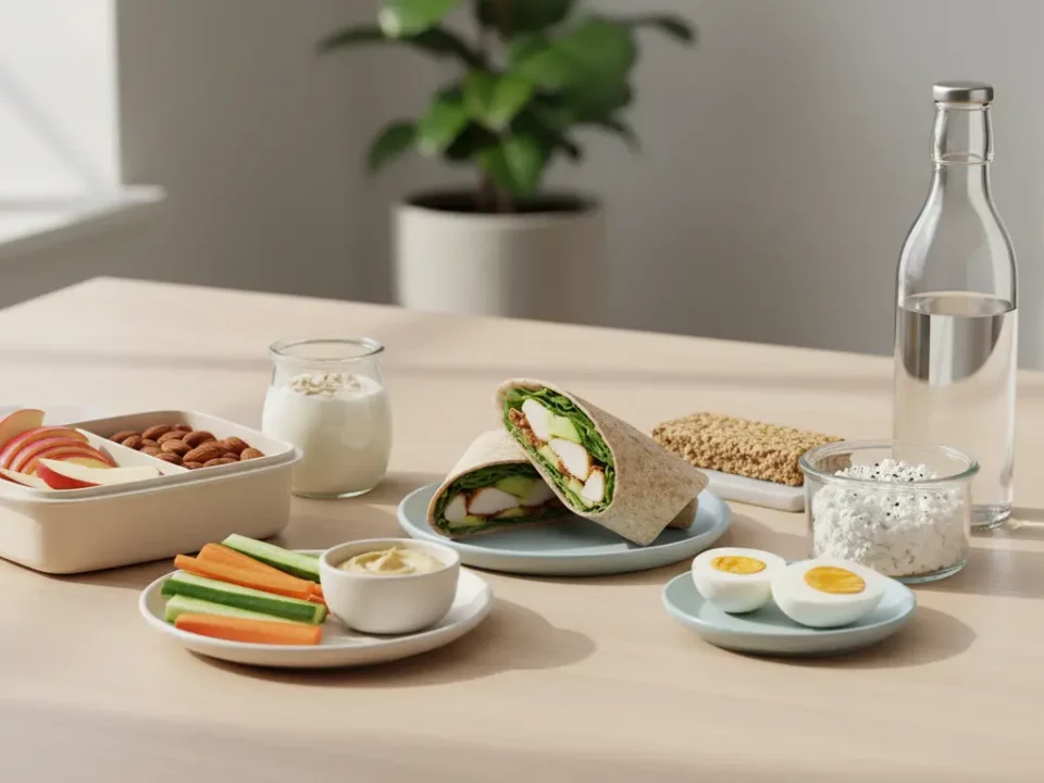 Frühstückstisch mit Wrap, Gemüse-Sticks, Käse, Eier, Wasser.