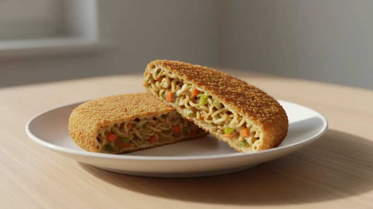 Gebackenes Nudel-Sandwich mit Gemüsefüllung auf Teller