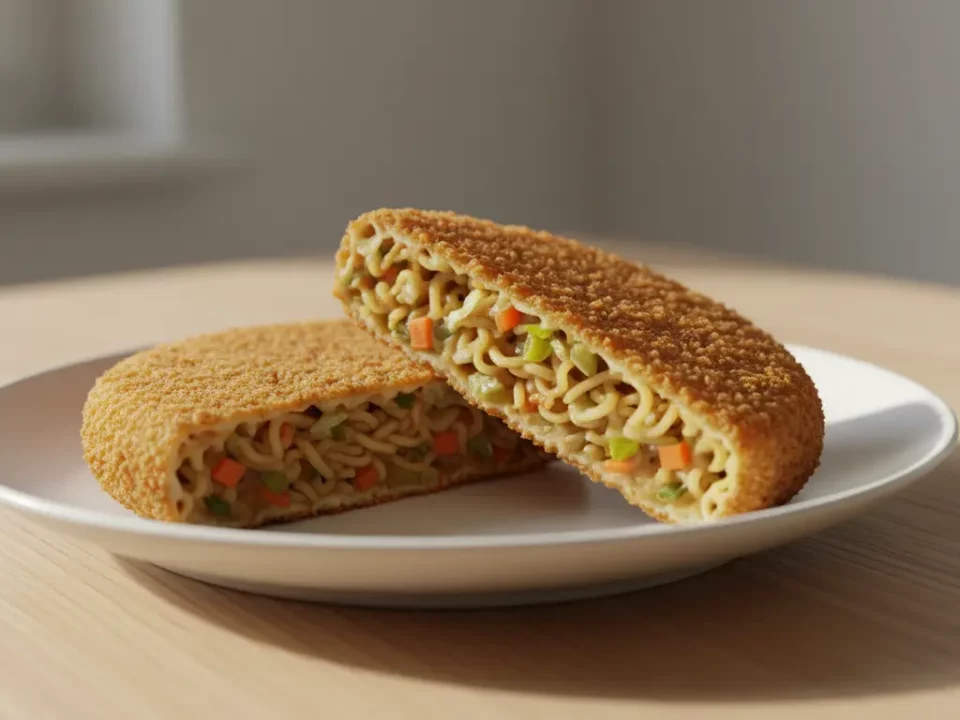 Gebackenes Nudel-Sandwich mit Gemüsefüllung auf Teller