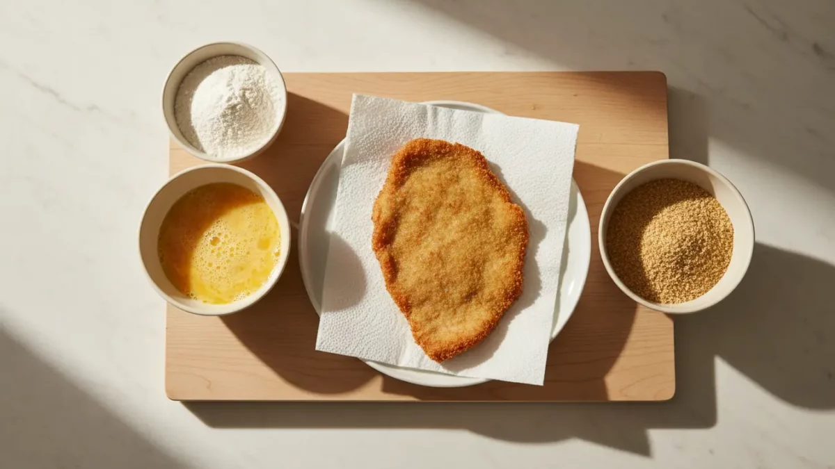 Paniertes Schnitzel mit Mehl, Ei und Semmelbrösel.