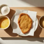 Paniertes Schnitzel mit Mehl, Ei und Semmelbrösel.