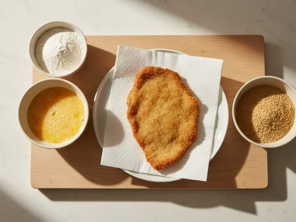 Paniertes Schnitzel mit Mehl, Ei und Semmelbrösel.