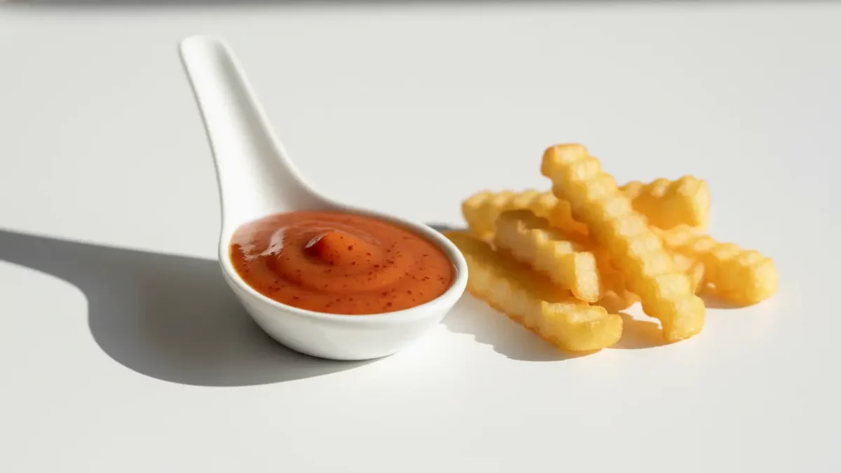 Weißer Löffel mit roter Sauce neben Pommes.