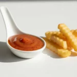 Weißer Löffel mit roter Sauce neben Pommes.