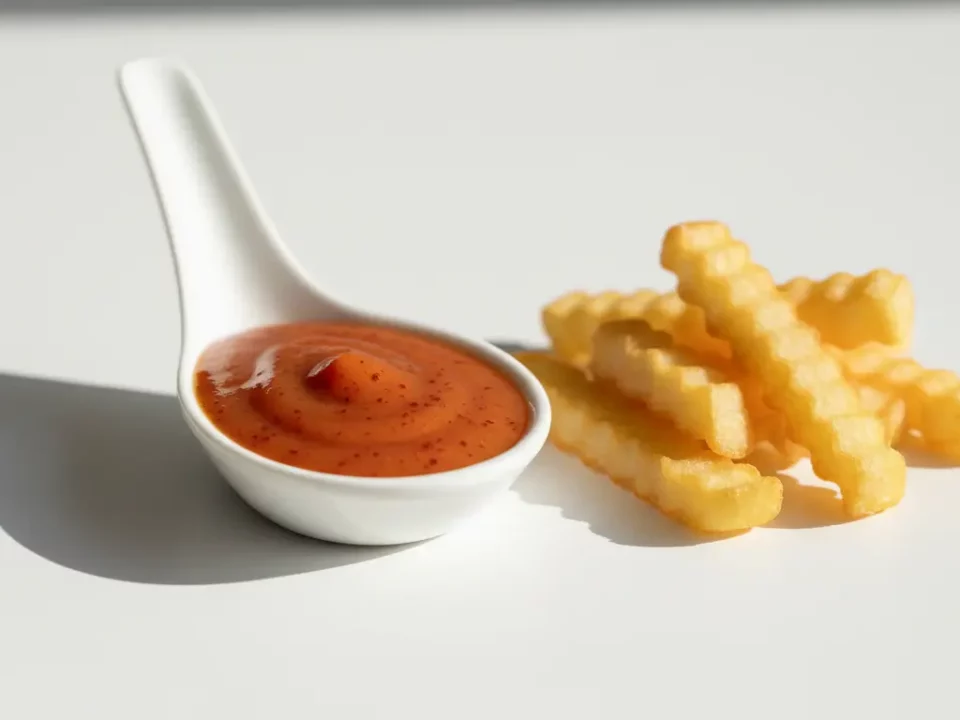 Weißer Löffel mit roter Sauce neben Pommes.