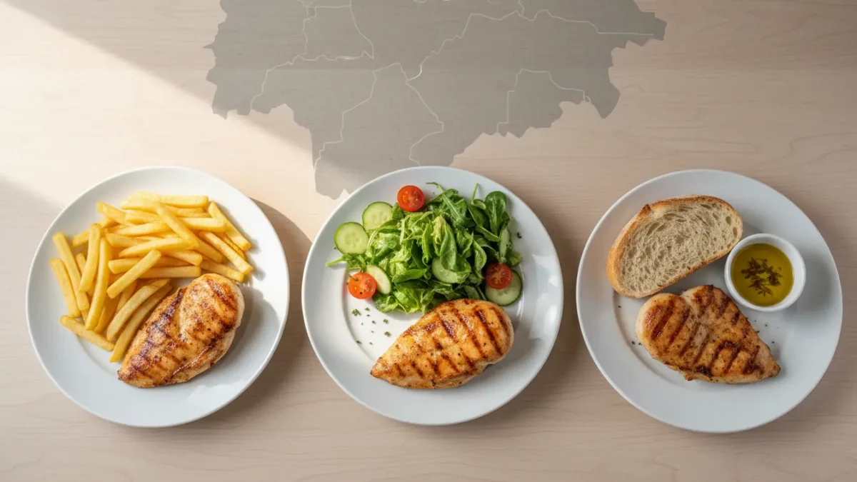 Drei Teller mit gegrillter Hähnchenbrust und Beilagen