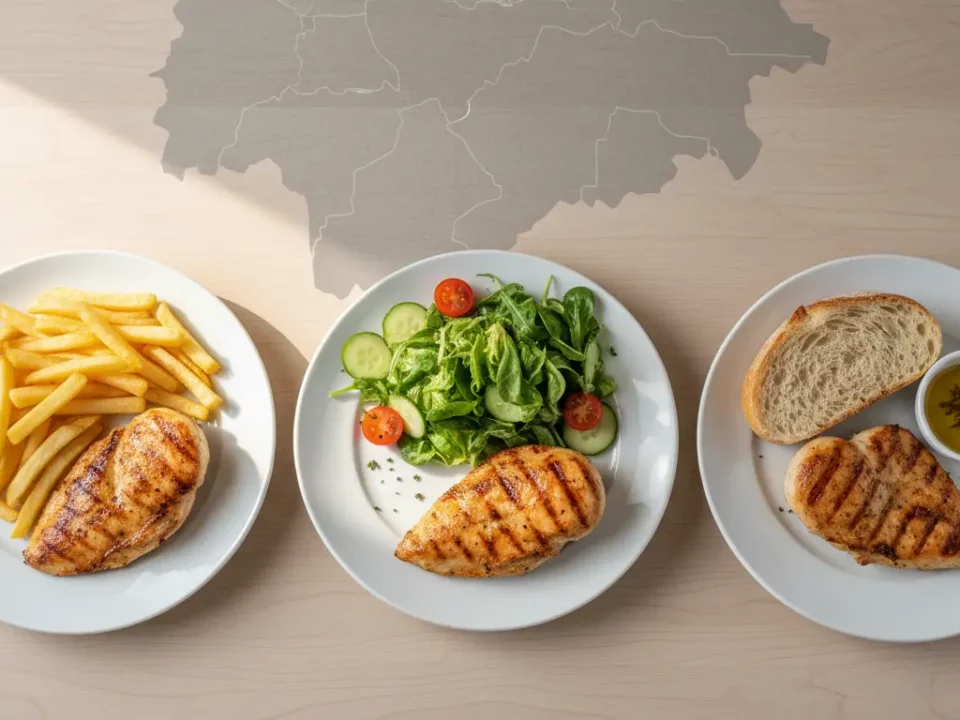 Drei Teller mit gegrillter Hähnchenbrust und Beilagen
