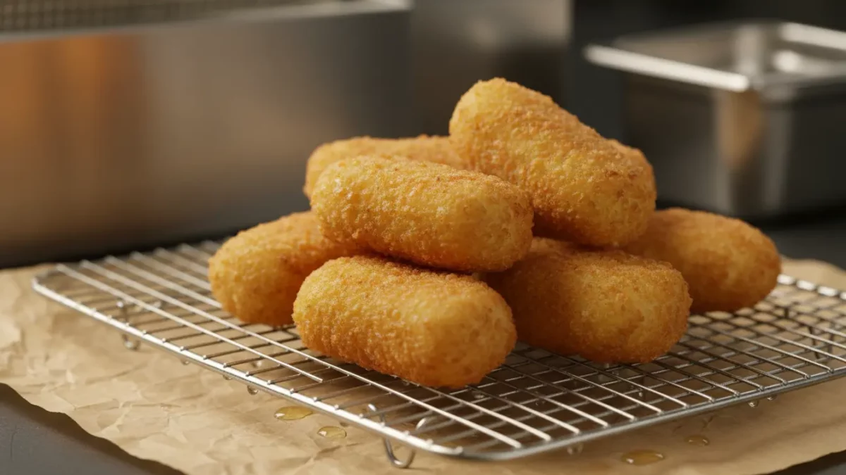 Goldbraune Kroketten auf einem Drahtkühlgitter.