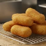 Goldbraune Kroketten auf einem Drahtkühlgitter.