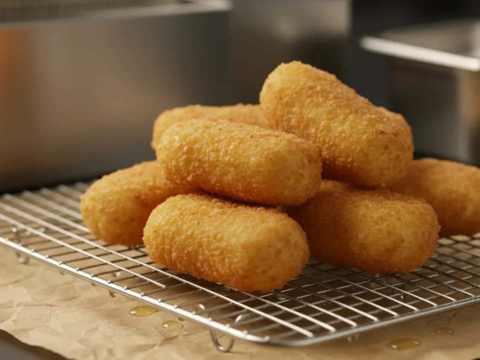 Goldbraune Kroketten auf einem Drahtkühlgitter.