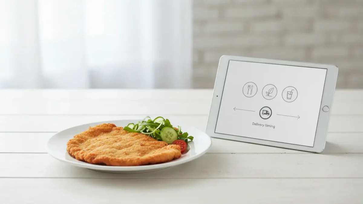 Paniertes Schnitzel mit Salat neben Tablet.