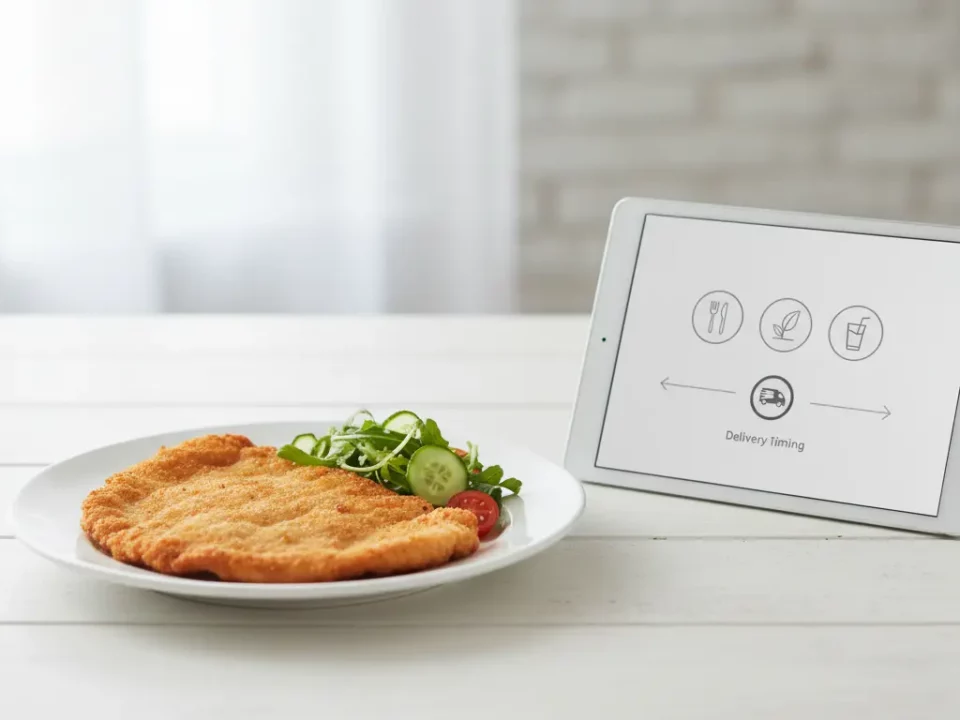Paniertes Schnitzel mit Salat neben Tablet.