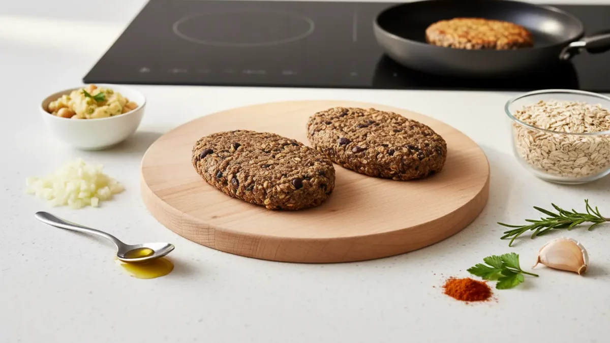 Zwei Haferkekse auf Holzbrett mit Zutaten.