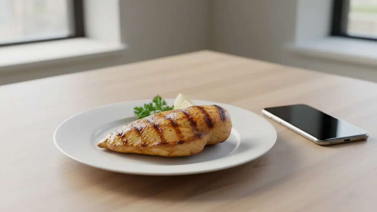 Gegrilltes Hähnchenbrustfilet mit Zitronenscheibe und Petersilie auf Teller, Smartphone daneben.