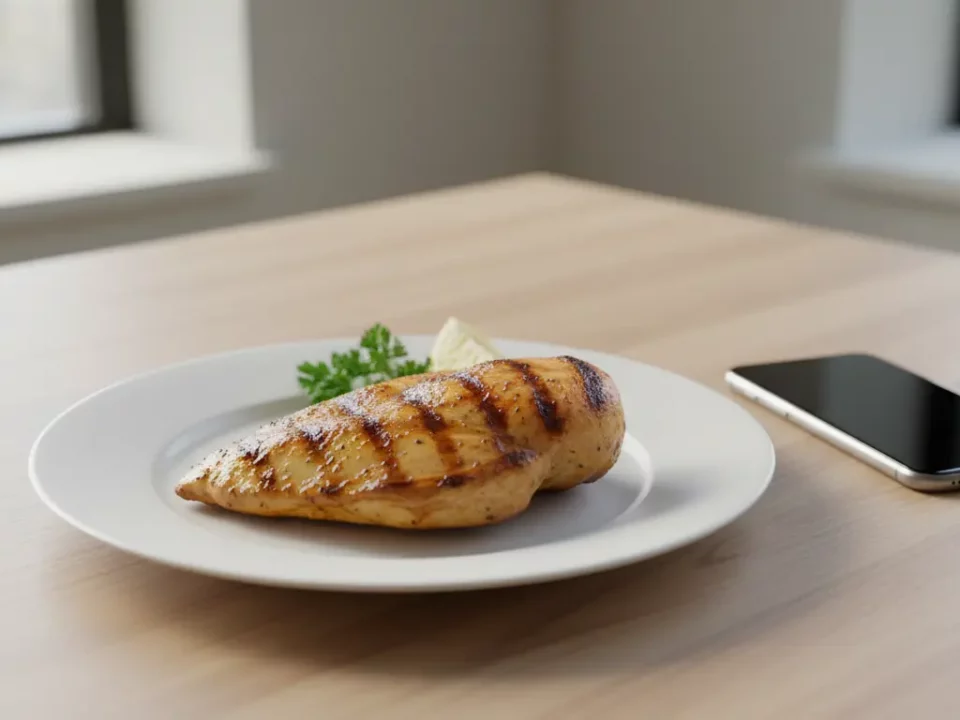 Gegrilltes Hähnchenbrustfilet mit Zitronenscheibe und Petersilie auf Teller, Smartphone daneben.
