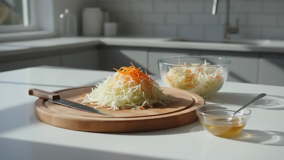 Zerkleinerter Kohl mit Karotten auf Schneidbrett.