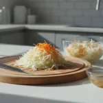 Zerkleinerter Kohl mit Karotten auf Schneidbrett.
