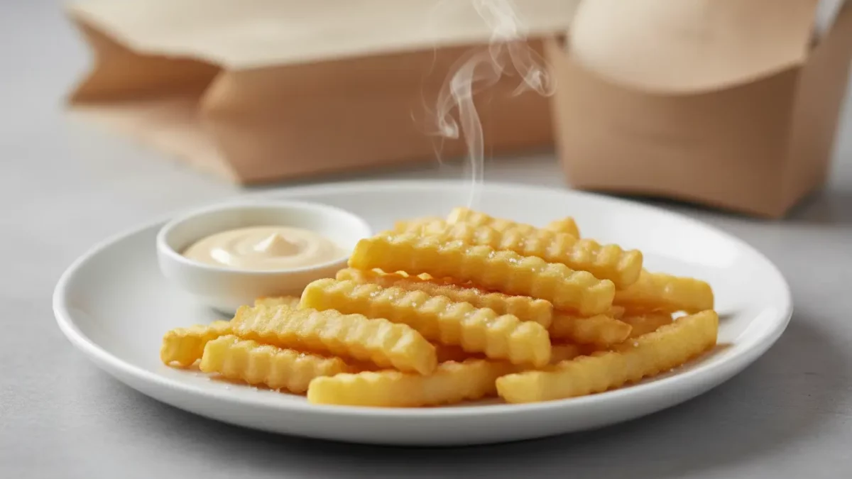 Heiße Crinkle-Fritten mit Dip und Dampf auf Teller.