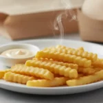 Heiße Crinkle-Fritten mit Dip und Dampf auf Teller.